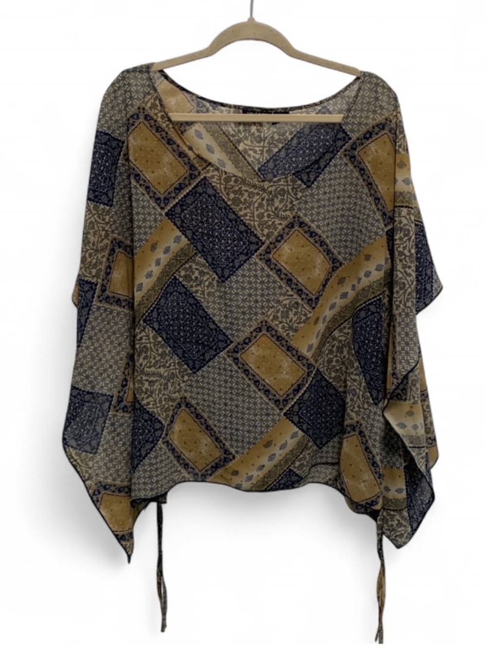 Y2K Mileage Boho Patchwork Printed Poncho Top in Navy and Mustard